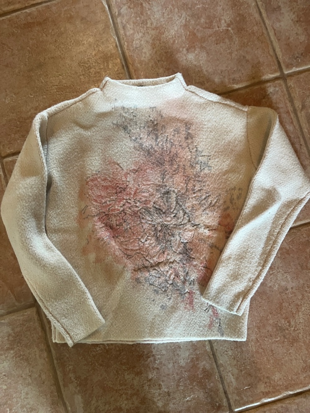 White House Black Market Cream Sweater with Peach Floral Knit SMALL